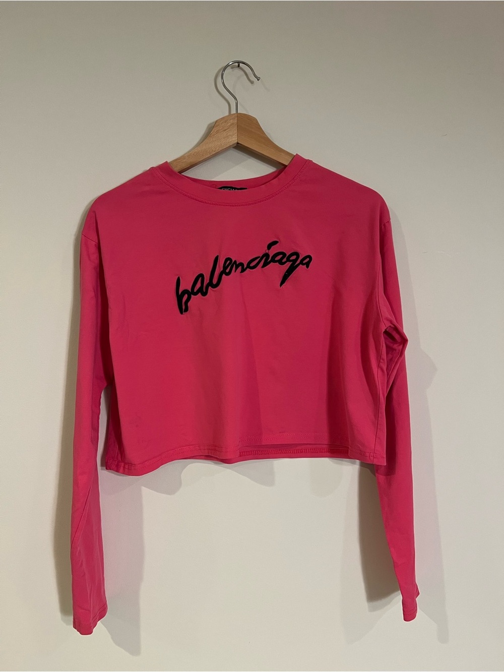 Balenciaga Cropped Long-Sleeve Tee in Bright Pink with Black Logo